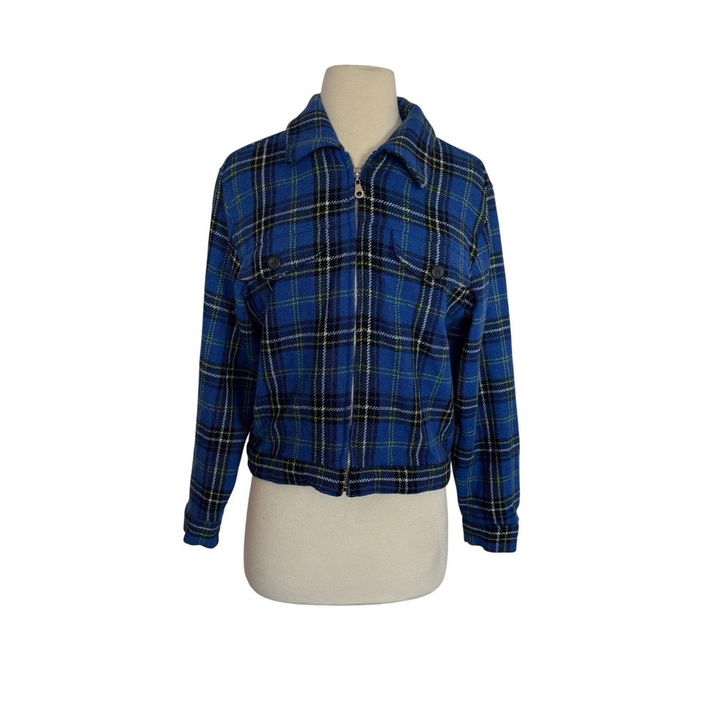Express Women Blue Plaid Cropped Full Zip Jacket Wool Vintage 90s SZ Small
